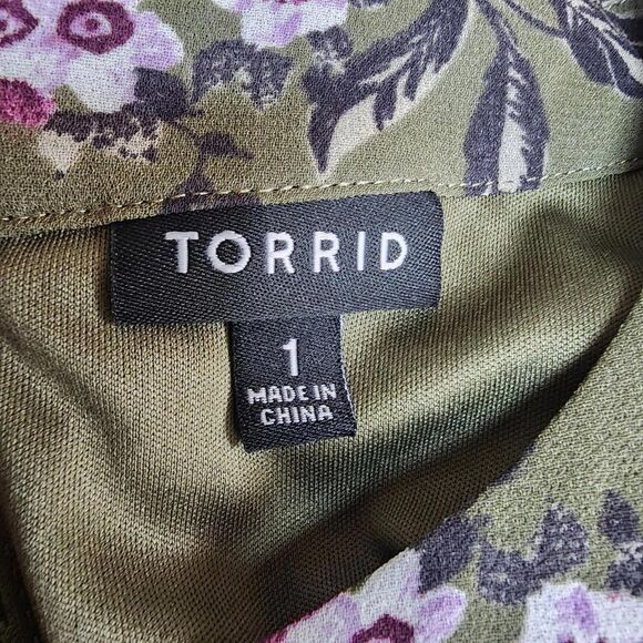 Torrid Chiffon Olive Green Floral Layered Peplum Dress (1) - Picture 8 of 8